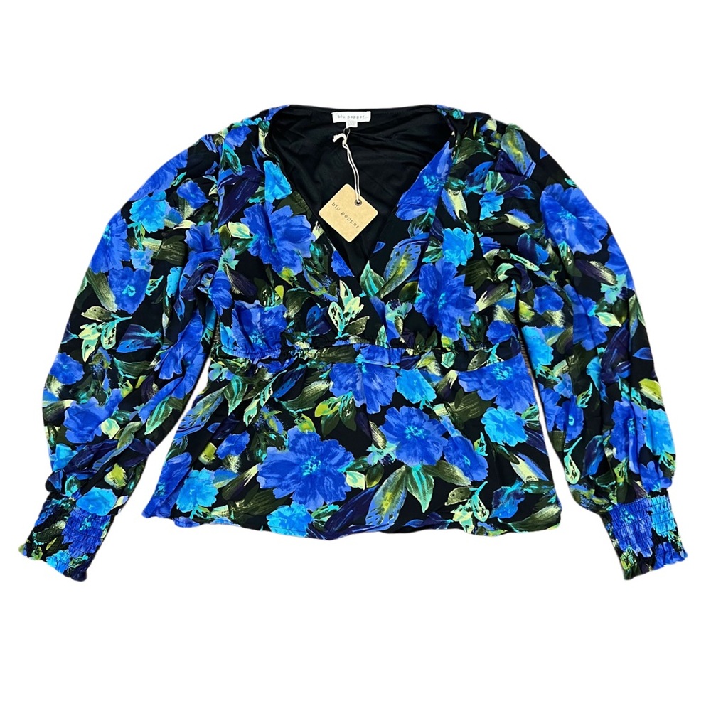NWT Blu Pepper Blue Green Floral V-Neck Shirt Blouse Long Sleeve Medium - Picture 3 of 7